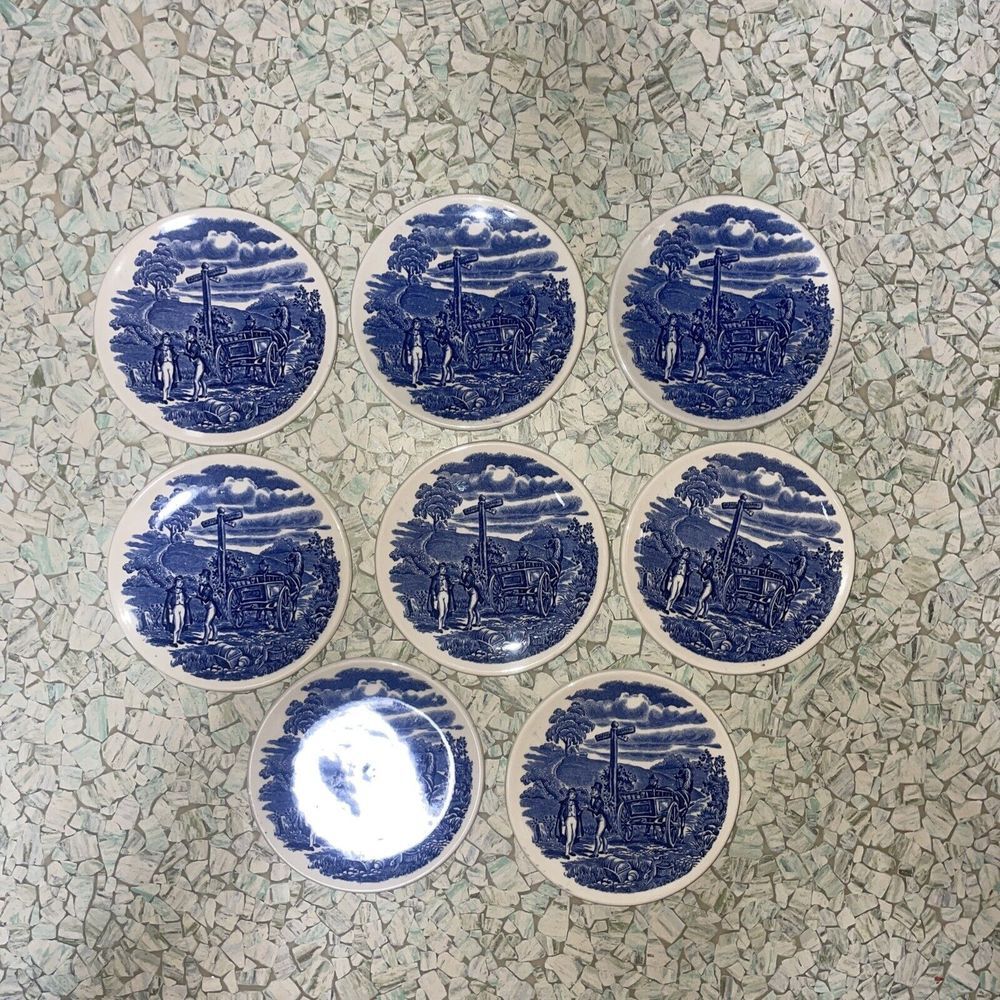 8 Rare Vintage 4.25" Butter Pat‎ Coasters Ironstone Blue White English England D